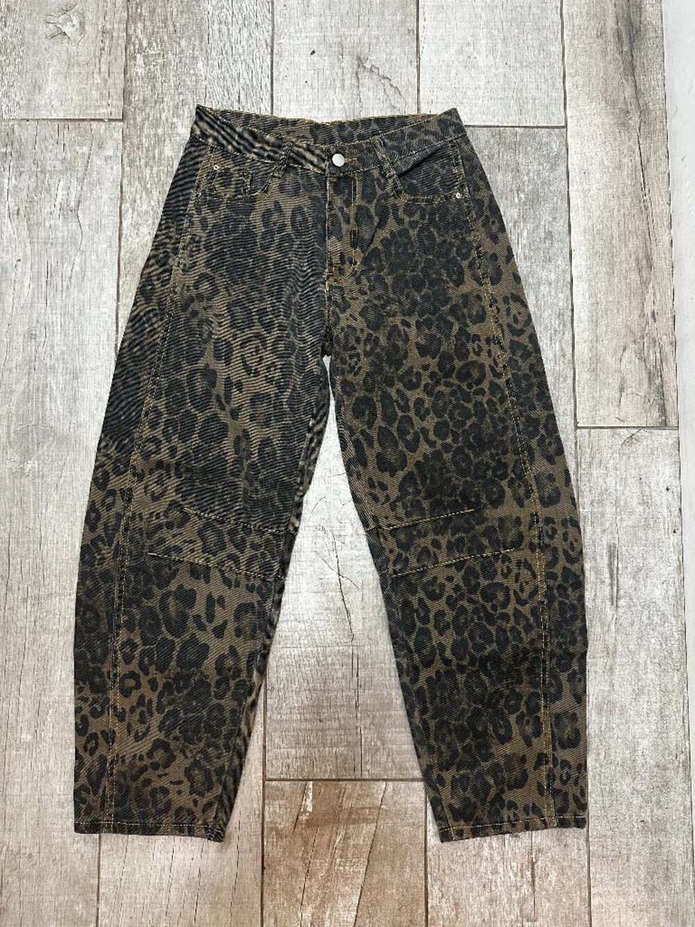 Leopard Print High Rise Tapered Barrel Utility Pants Dark Wash Small